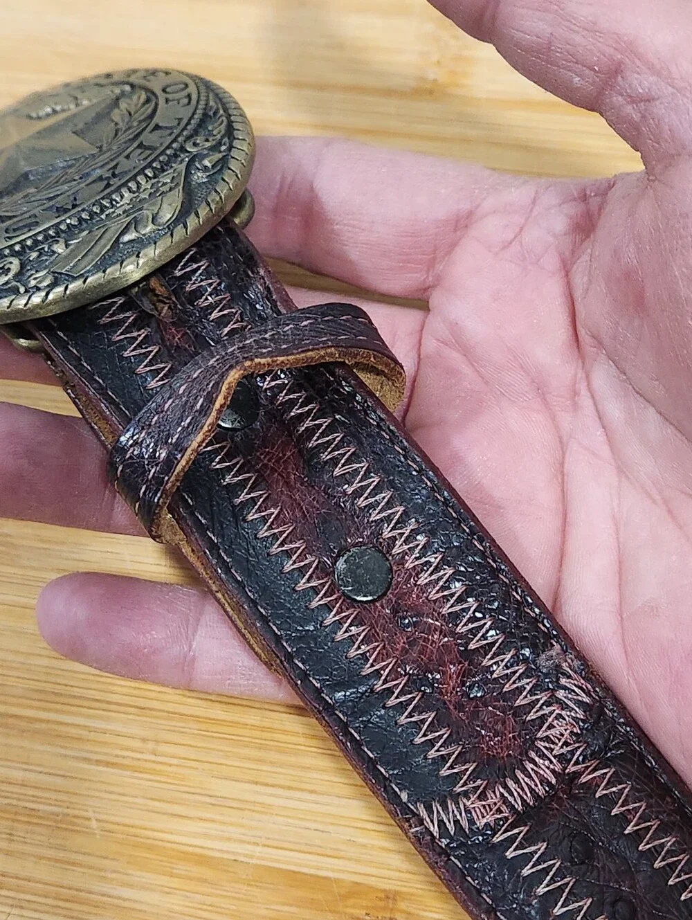 Vtg Tony Lama State Series Brass Texas Buckle Nocona Ostrich Belt 36 E1257